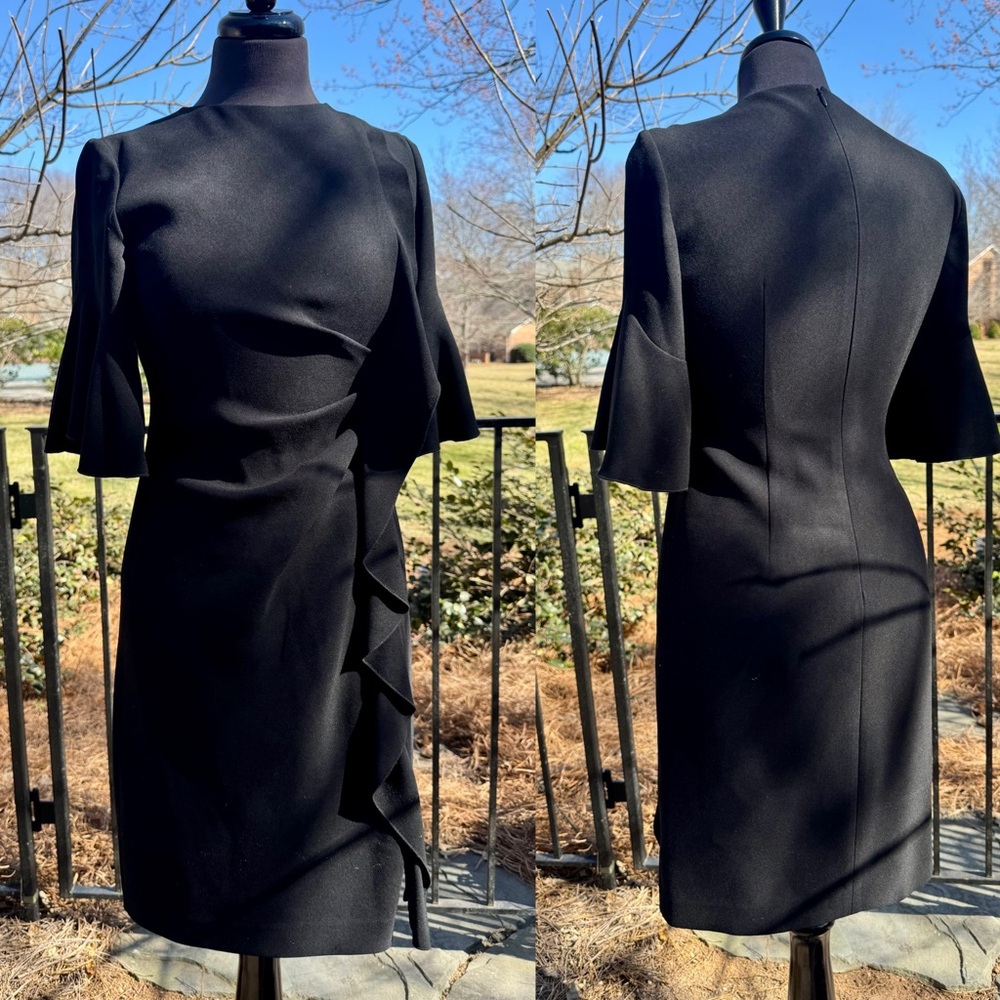 Elie Tahari Black Ruffle Trim Sheath Dress